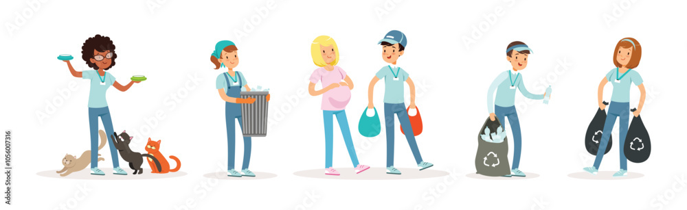 People Volunteer Character Engaged in Social Work Vector Set People Volunteer Character Engaged in Social Work Vector Set