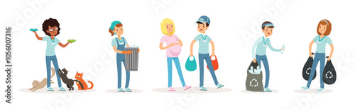 People Volunteer Character Engaged in Social Work Vector Set