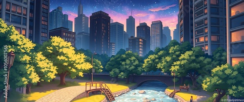 Urban park sunset skyline cityscape tranquil scene
