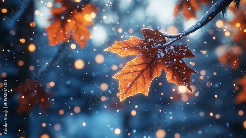 Winter Tree Candle Leaf on Blur Snow Background photo