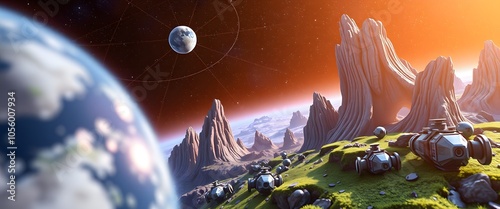Space exploration: alien landscape with droids
