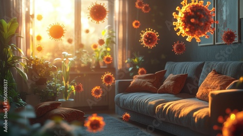 Sunlight streams through a window, illuminating a living room with a couch and plants, while a depiction of airborne particles floats in the air. photo