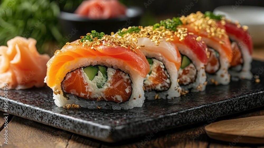 Delicious variety of sushi rolls served on a black plate in a cozy setting Delicious variety of sushi rolls served on a black plate in a cozy setting
