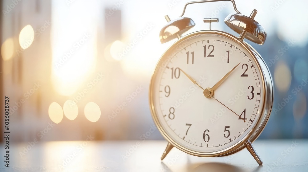 A classic alarm clock on a table with a city skyline and sunset in the background. A classic alarm clock on a table with a city skyline and sunset in the background.