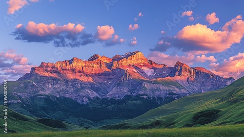 Sunset mountains under vibrant sky scenery.