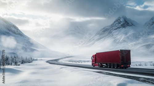 Winter Truck and Car Drives on a Road Through Cloudy Landscape photo