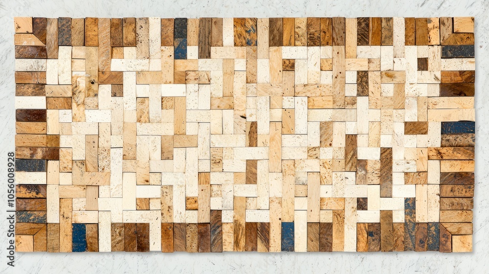 A close up of a wooden mosaic art piece with different colors and textures. A close up of a wooden mosaic art piece with different colors and textures.