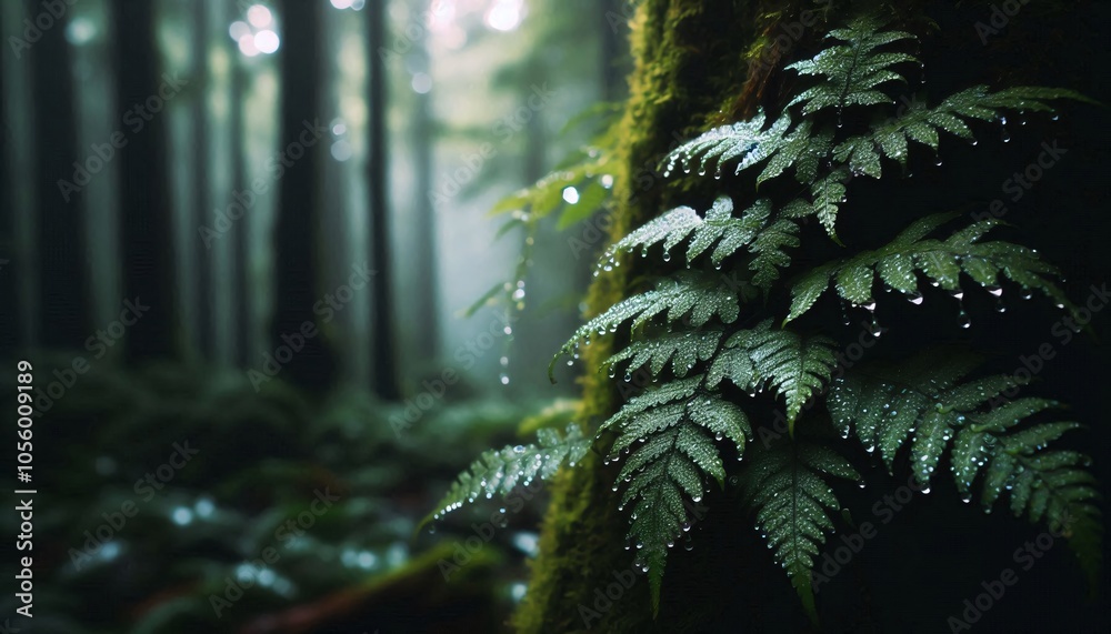 Obraz premium Close-up shot of green leaves on trees with rain droplets background of tall trees in a dense forest.
