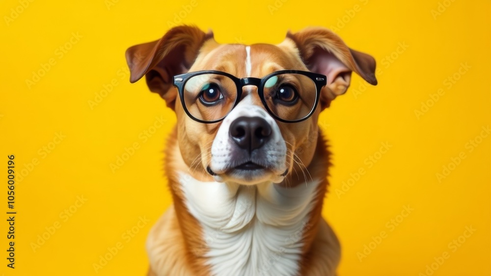 Dog professor in glasses on a yellow background Dog professor in glasses on a yellow background