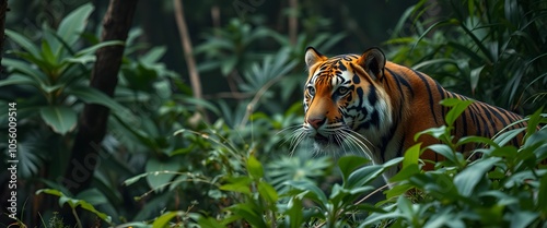Tiger in dense jungle vegetation hiding