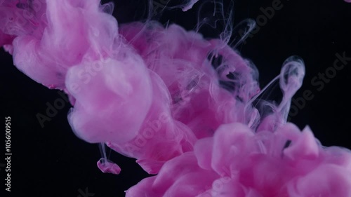 colourful pink and purple ink in water like clouds of smoke with a black background