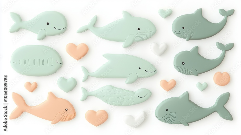 A collection of cute cartoon whales and fish in various colors and sizes, isolated on a white background. A collection of cute cartoon whales and fish in various colors and sizes, isolated on a white background.