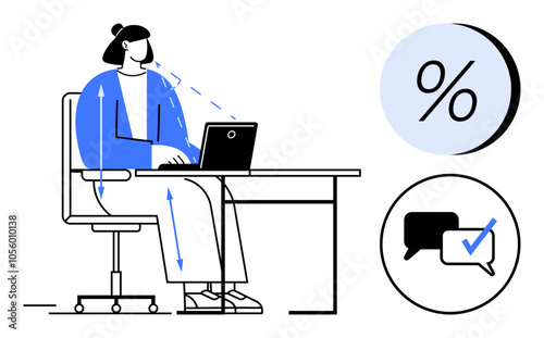 Woman seated at desk working on laptop, percentage symbol and message icon in background. Ideal for productivity, business, communication, technology, work-from-home, efficiency, office themes. Line