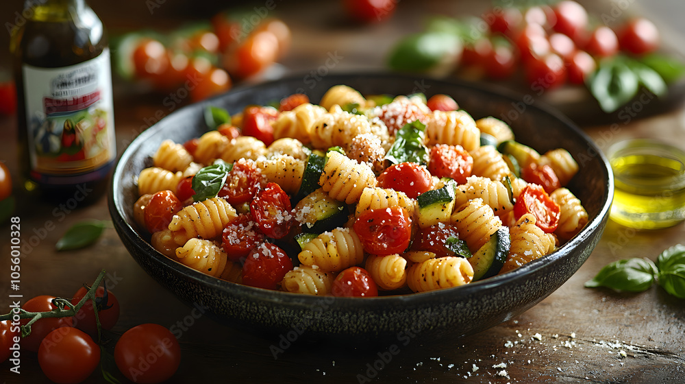 A Colorful Bowl of Homemade Italian Pasta Primavera with Fresh Vegetables and Parmesan Cheese Set on a Rustic Table A Colorful Bowl of Homemade Italian Pasta Primavera with Fresh Vegetables and Parmesan Cheese Set on a Rustic Table