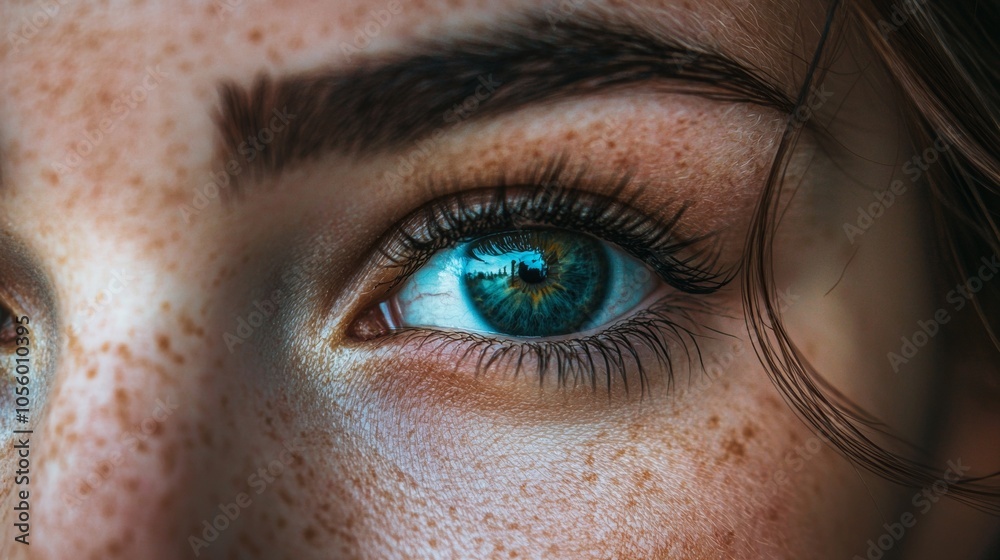 Blue-eyed woman close-up with reflections in her eye Blue-eyed woman close-up with reflections in her eye