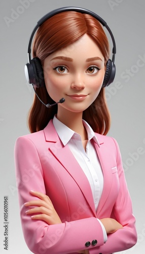 Portrait of smiling Asian customer support phone operator in headset. created by generative AI technologyc , pink color dress photo