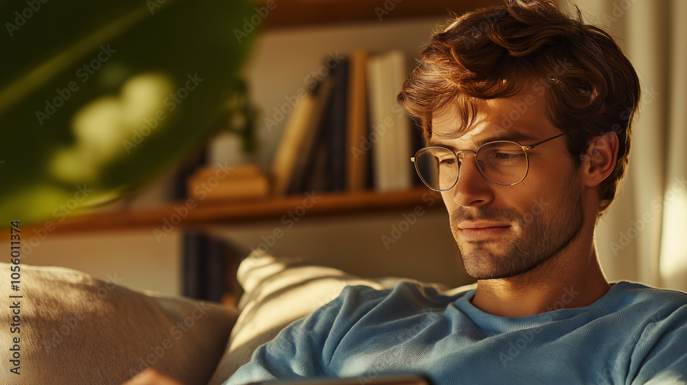 A detailed image of a stylish young man sitting confidently in a cozy, well-decorated living room. Heâs wearing glasses and a casual blue shirt, holding a tablet as he browses or w A detailed image of a stylish young man sitting confidently in a cozy, well-decorated living room. Heâs wearing glasses and a casual blue shirt, holding a tablet as he browses or w