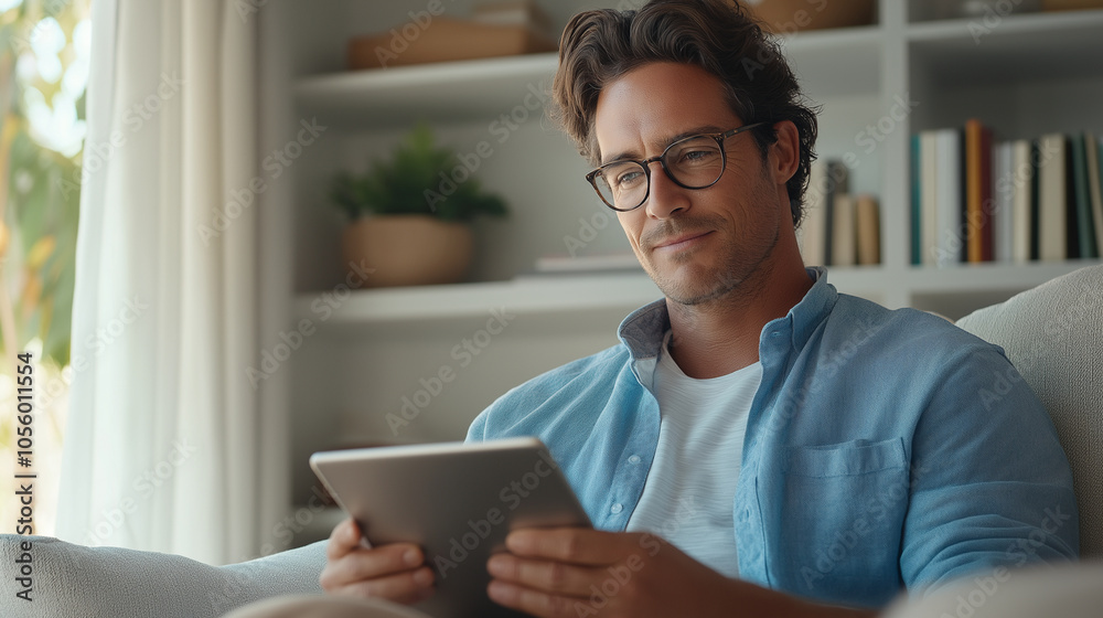 A high-quality shot of a young professional man seated in a tastefully decorated living room, wearing a casual blue shirt and glasses. He holds a tablet, appearing focused yet rela A high-quality shot of a young professional man seated in a tastefully decorated living room, wearing a casual blue shirt and glasses. He holds a tablet, appearing focused yet rela