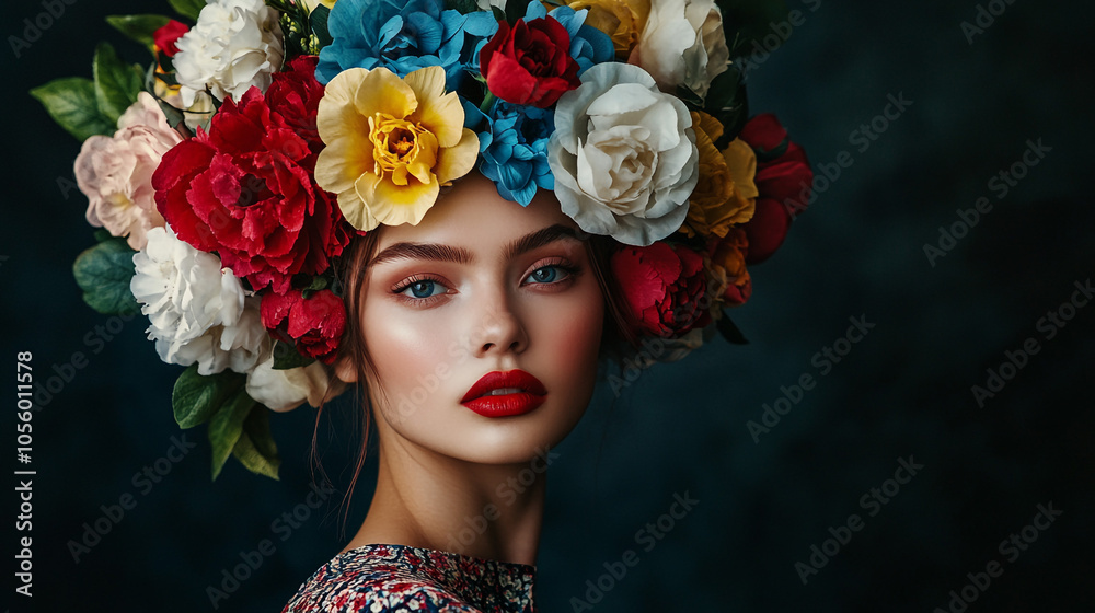 Beautiful Woman with Floral Crown Fashion Portrait Beauty Makeup Red Lips Blue Eyes Beautiful Woman with Floral Crown Fashion Portrait Beauty Makeup Red Lips Blue Eyes
