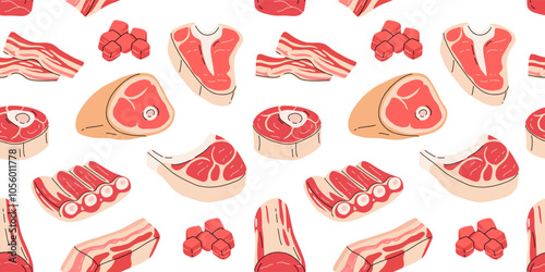 Raw meat products. Fresh beef steaks, pork raw meat food flat vector illustration set. Butcher shop products seamless pattern