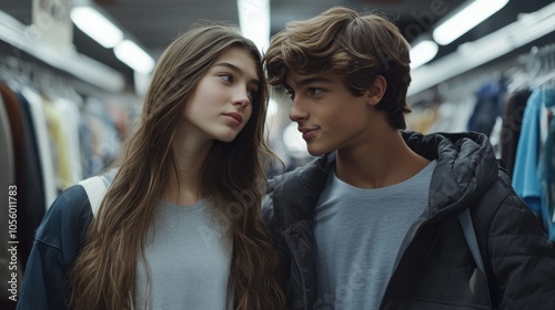 Wallpaper Mural Young Couple Shopping in Store Aisle for Casual Fashion Style Inspiration. Generative ai Torontodigital.ca