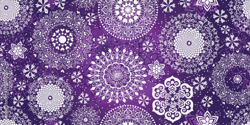 Christmas purple pattern with vintage snowflakes, stars, swirls, snowfall. Seamless texture. Vector