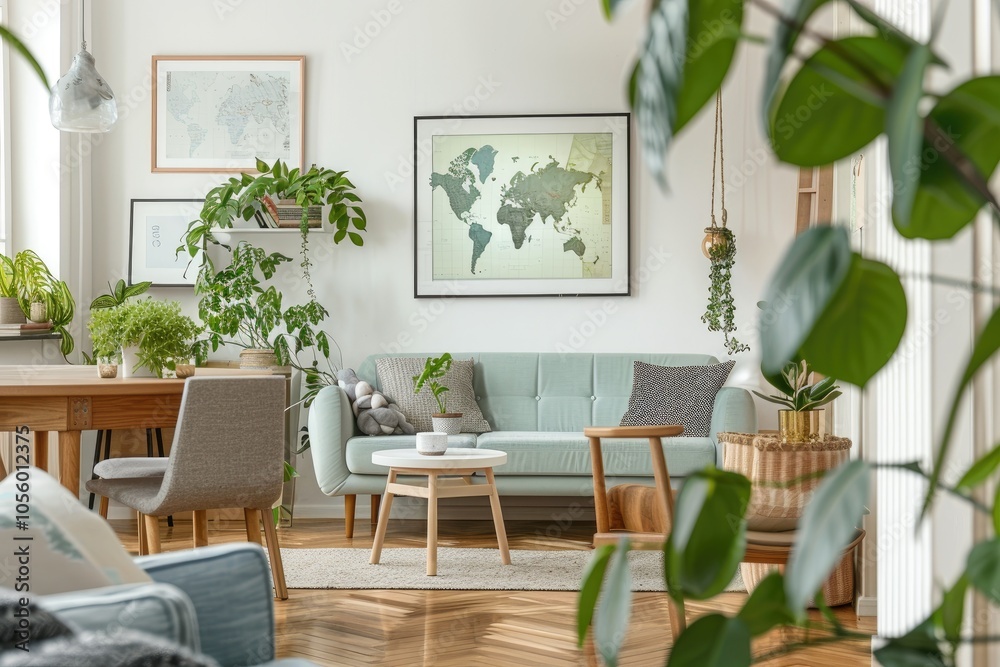 Living room features a green couch and a world map on the wall