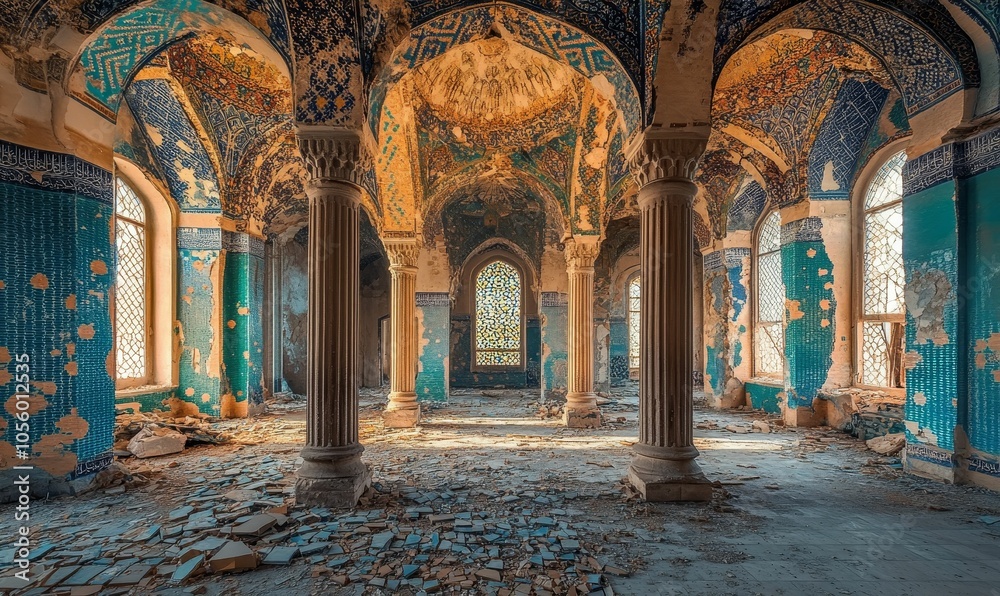 Obraz premium Ruined building with columns, arches, and mosaic details.