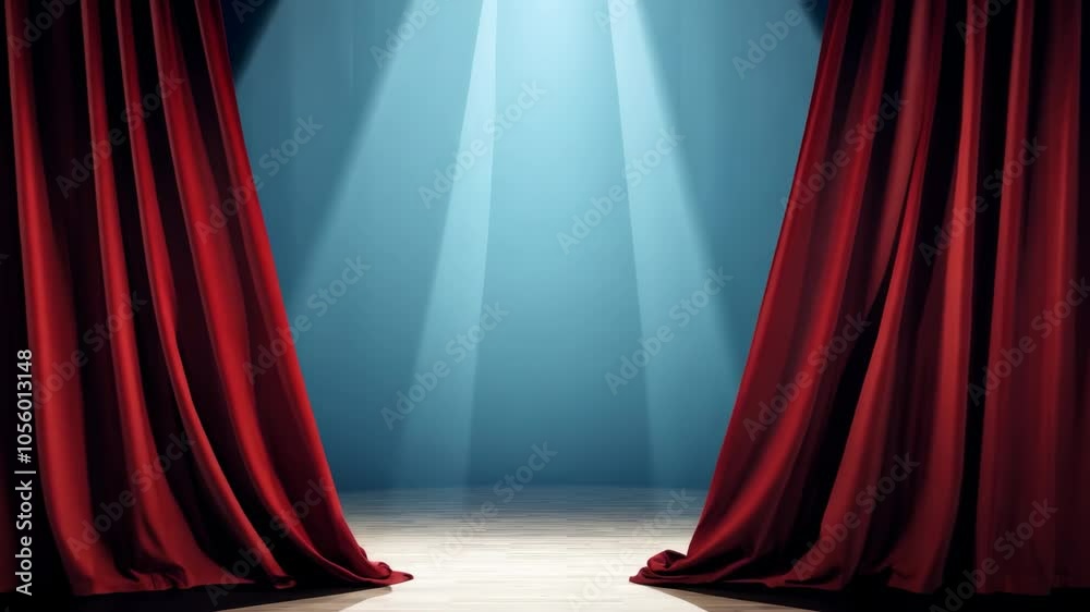 A red curtain is open, revealing a stage. The curtain is red and ...