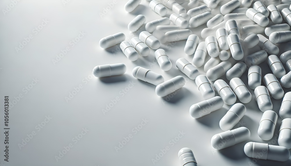 A clean, minimalist scene featuring scattered white capsules, Generative AI A clean, minimalist scene featuring scattered white capsules, Generative AI