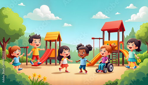 Children joyfully playing together at a colorful playground on a sunny day in a vibrant park setting