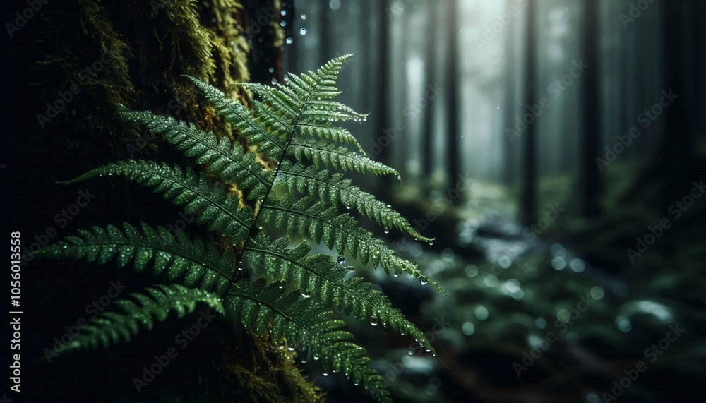 Close-up shot of green leaves on trees with rain droplets background of tall trees in a dense forest. Close-up shot of green leaves on trees with rain droplets background of tall trees in a dense forest.
