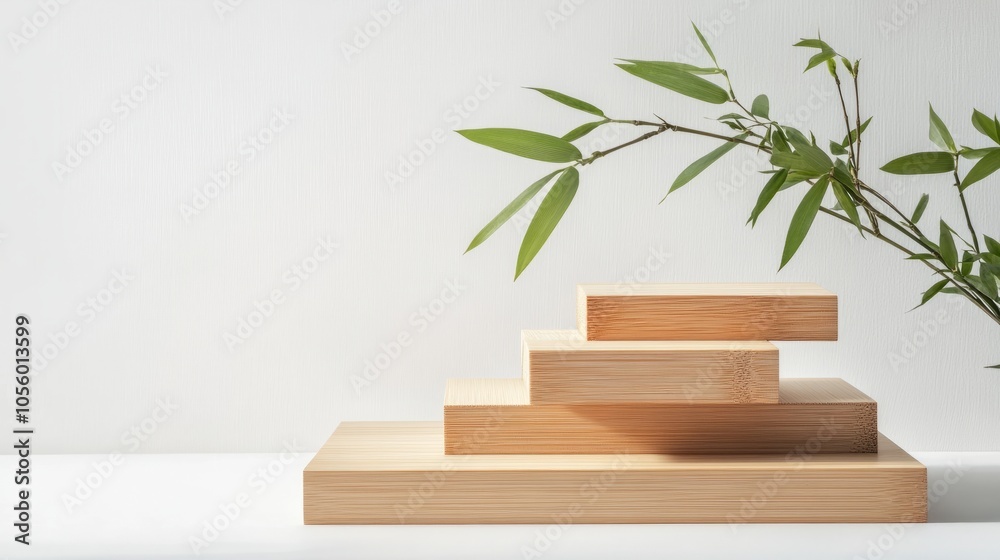 3d empt wooden podium with leaves against white background