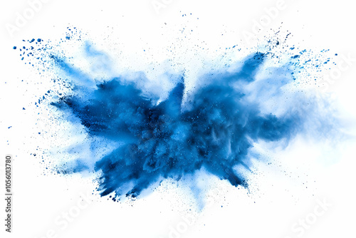 Blue powder explosion on a white background, with a splash of blue color and a white space in the center of the image