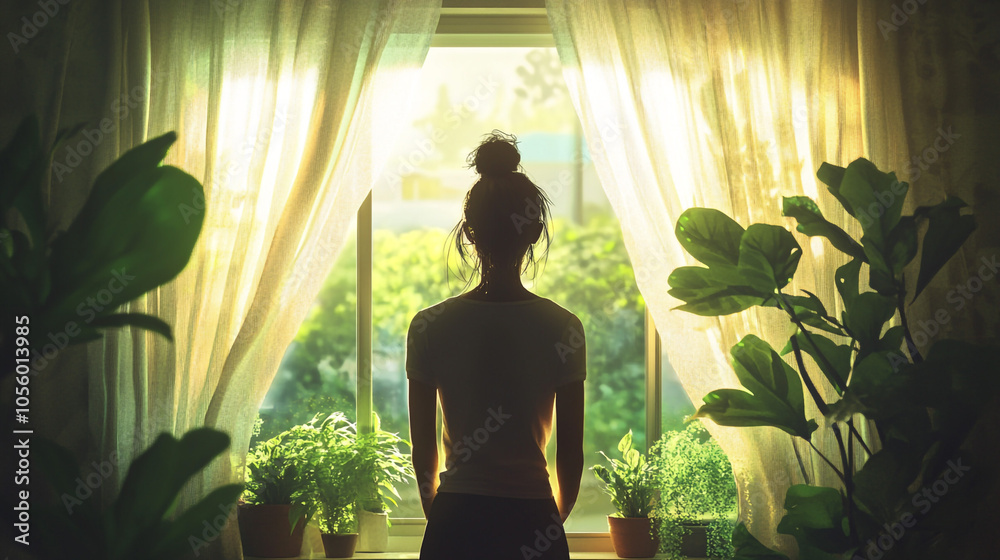 Woman Silhouetted Against Window With Plants and Sunlight Woman Silhouetted Against Window With Plants and Sunlight