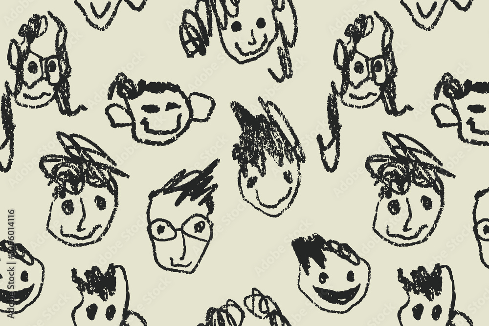 Funny pattern of human faces hand drawn in primitive childish style Funny pattern of human faces hand drawn in primitive childish style