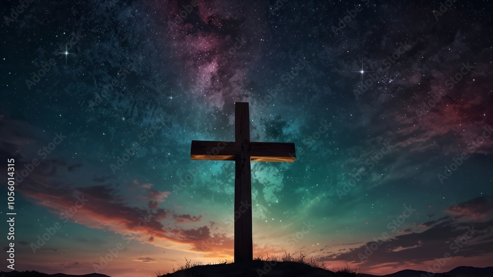 Obraz premium painting of cross under the starry night sky