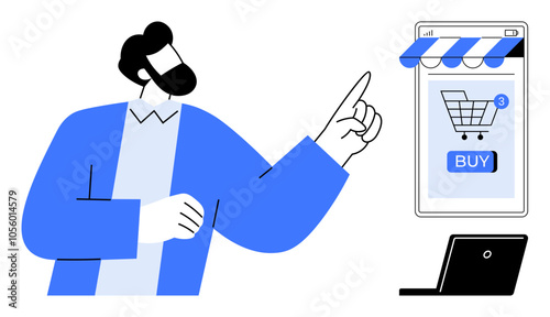 A person points towards a smartphone screen with a shopping cart and blue buy button. Themes Ideal for e-commerce, online shopping, digital marketing, app interfaces, technology promotions