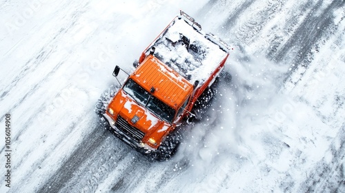 An orange snow plow truck clears snow from a road, viewed from above.