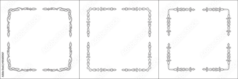 Set of three frames. Elegant Scandinavian black and white ornamental frame with swards, decorative border, corners. Isolated vector illustration.
Set of three frames. Elegant Scandinavian black and white ornamental frame with swards, decorative border, corners. Isolated vector illustration.