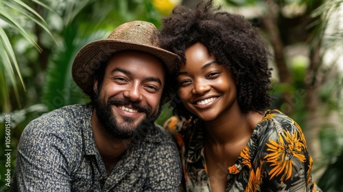 Happy Multiracial Couple in Tropical Setting Smiling Amidst Lush Greenery. Generative ai