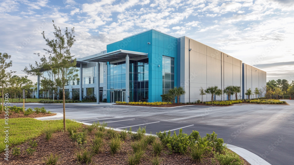 Modern Office Building with Blue Accents and Parking Lot