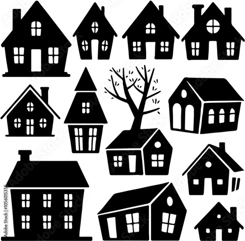 Vector Illustration of Diverse House Silhouettes Collection, Real Estate Concepts, Architecture Icons, Urban and Rural Housing, Homeownership, Property Investment, Residential Design Elements