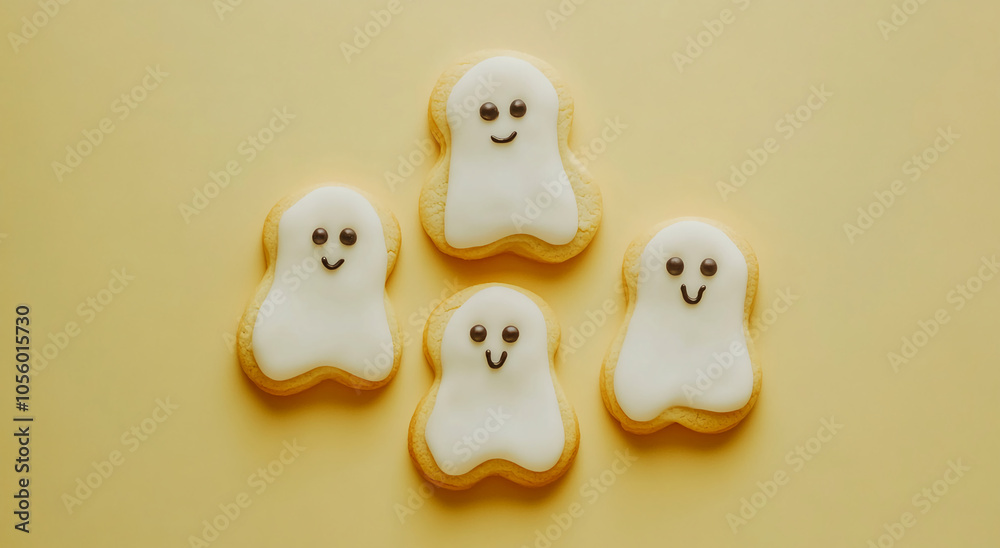 Smiling ghost-shaped cookies with white icing arranged on a light yellow background. Halloween baking and decoration concept. Smiling ghost-shaped cookies with white icing arranged on a light yellow background. Halloween baking and decoration concept.