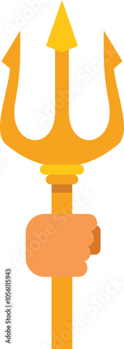 Hand is holding a golden trident, a symbol of power and authority often associated with mythology and gods