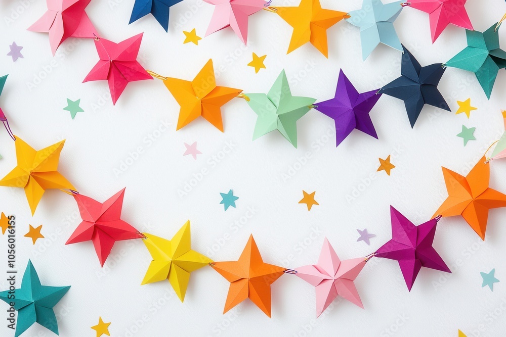 Colorful paper stars and shapes on a white isolated background. Colorful paper stars and shapes on a white isolated background.