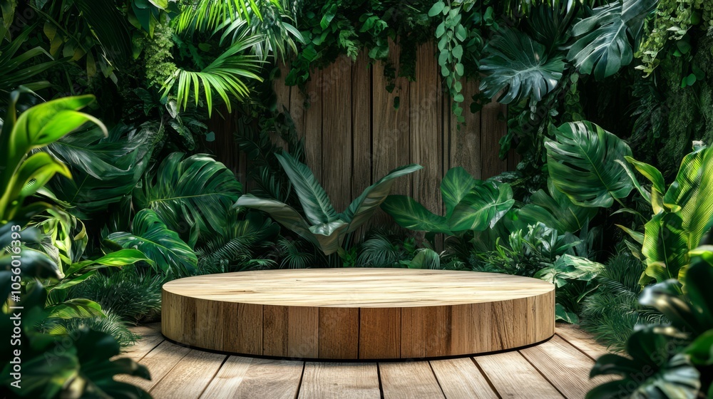 wooden podium in a tropical garden wooden podium in a tropical garden