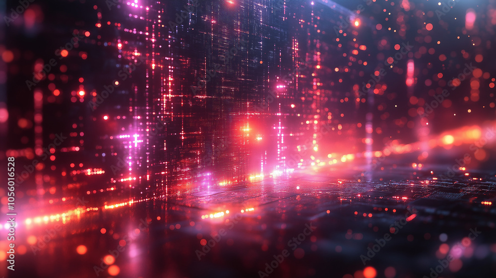 Futuristic digital landscape with pink and orange particles