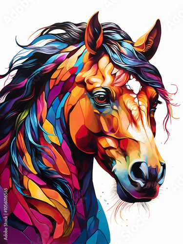 A vibrant and striking illustration of a horse’s head, adorned with a spectrum of vivid colors that create a dynamic and eye-catching visual effect. photo