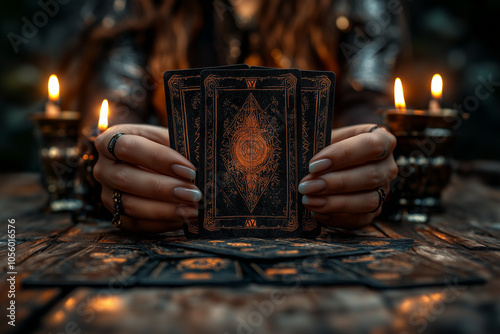 Tarot card deck in the hands of a fortune teller in the light of candles background.
